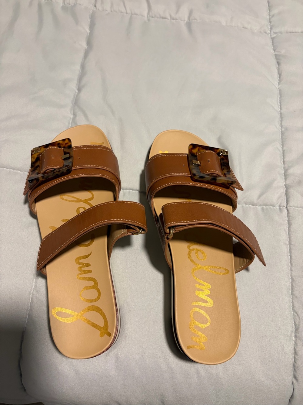 Sam Edelman Tan Double-Strap Slide Sandals with Tortoiseshell Buckle